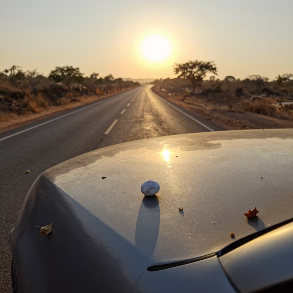 Marble-Sized Hailstone on Car Hood Mozambique in along a switchback approach in Mozambique