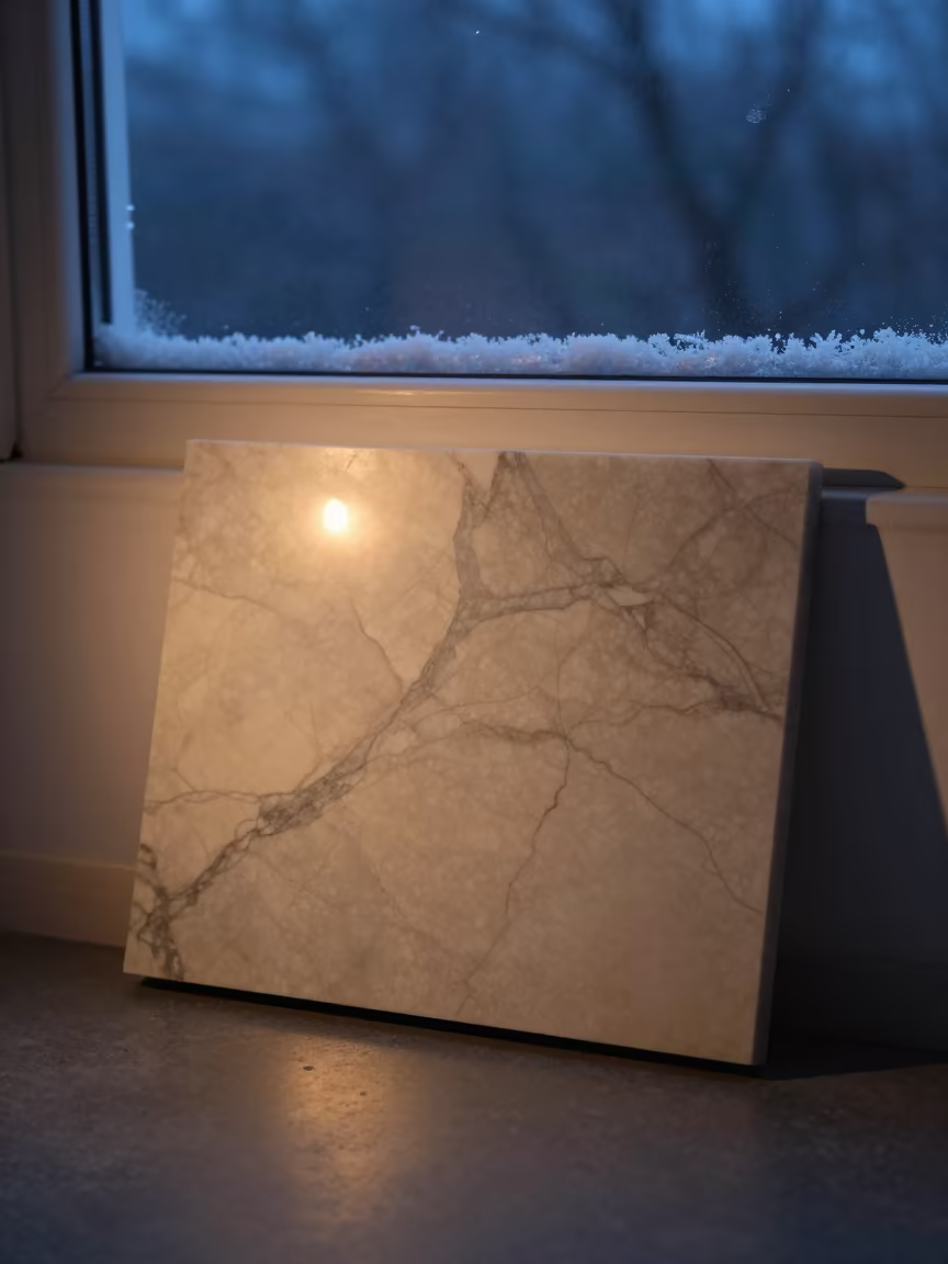 Marble Veins Candlelight Reno Window in along a frost-edged windowpane in Reno
