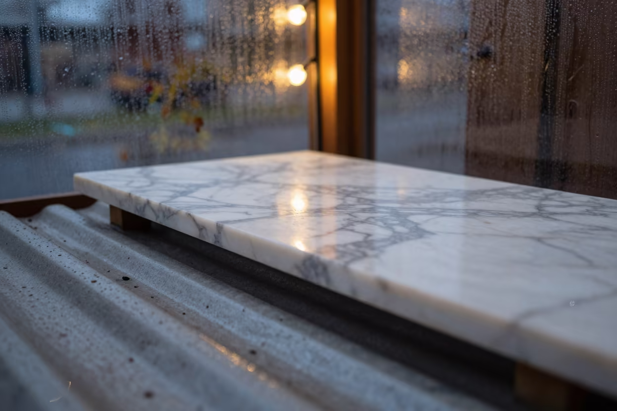 Marble Veins on Rain Beaded Metal in across a rain-beaded metal surface in Novosibirsk