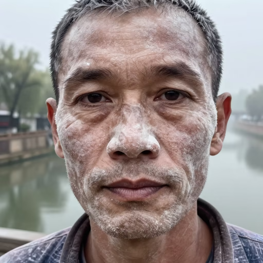 Marble Worker Dusted in White Powder at Wuhan Canal Dawn in beside a canal in Wuhan