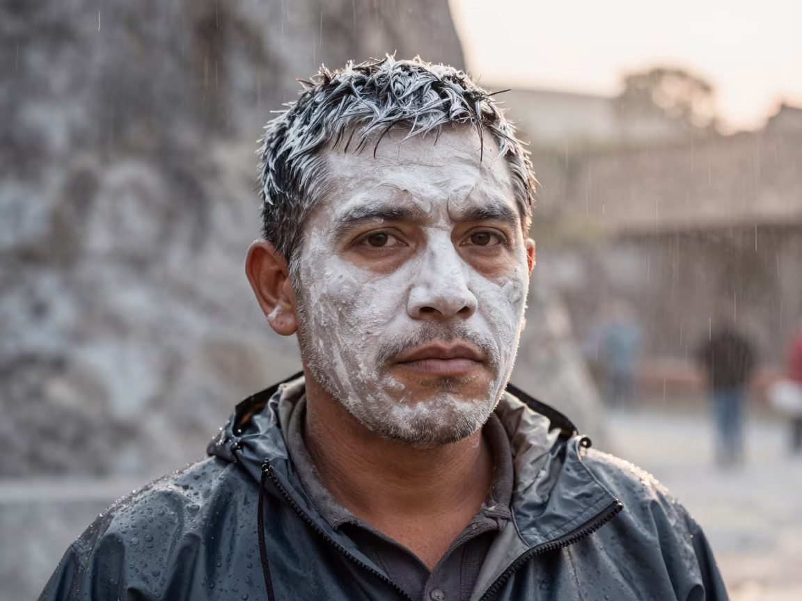Marble Worker Face Dusted with White Powder in Puebla Dawn in in Puebla