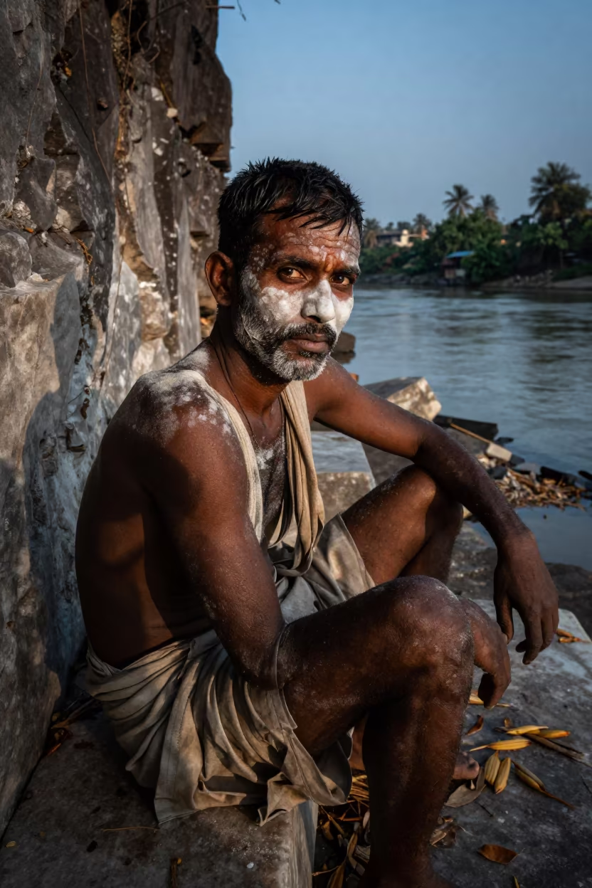 Marble Worker in River Shadow in near a riverside landing in Sangalkam