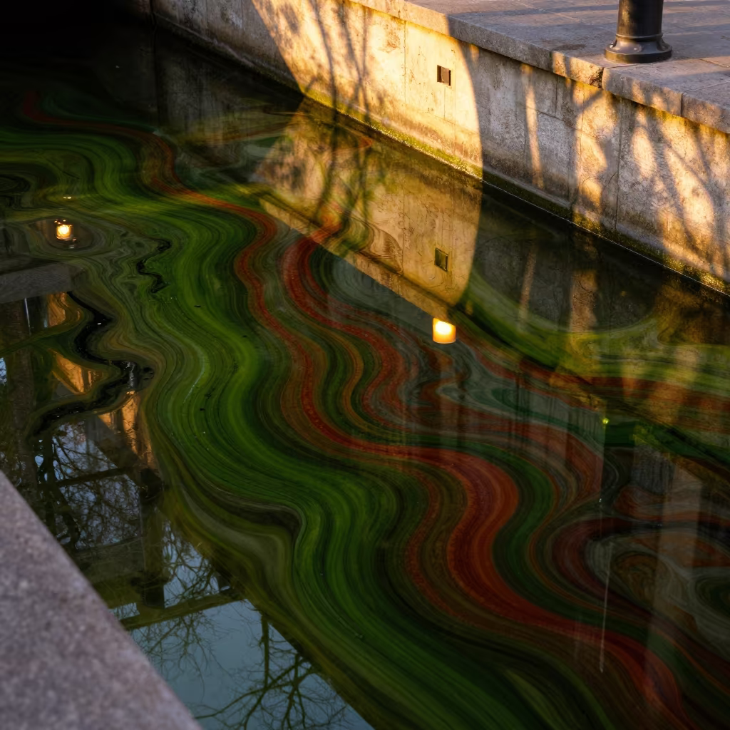 Marbled Algae Pattern on Pond in Antwerp Skylit Passageway in inside a skylit passageway near Antwerp
