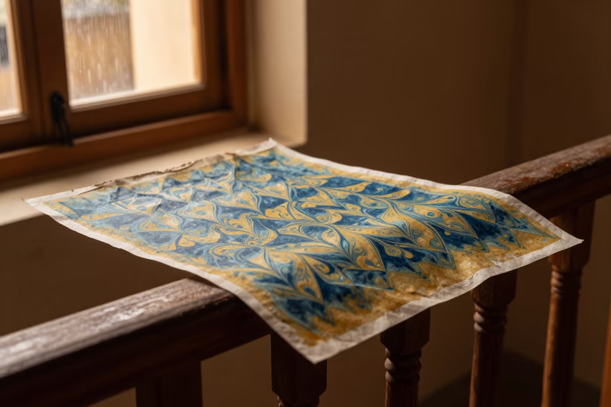 Marbled Handmade Paper in Zaria Window Light in on a pier railing in Zaria