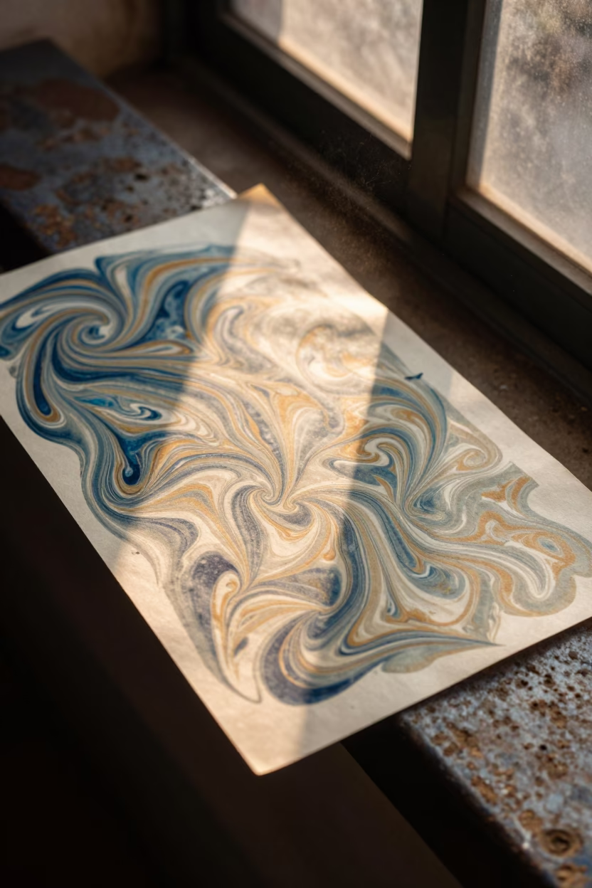 Marbled Paper on Chennai Pier Railing in on a pier railing in Chennai