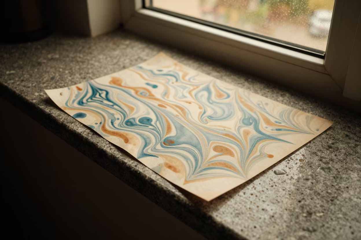 Marbled Paper on Stone Ledge in Golden Light in on a stone ledge in Hohhot