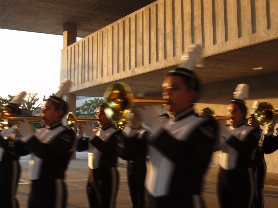 Marching Band Blur in Ribbed Concrete Lobby in inside a ribbed concrete lobby in Catia La Mar