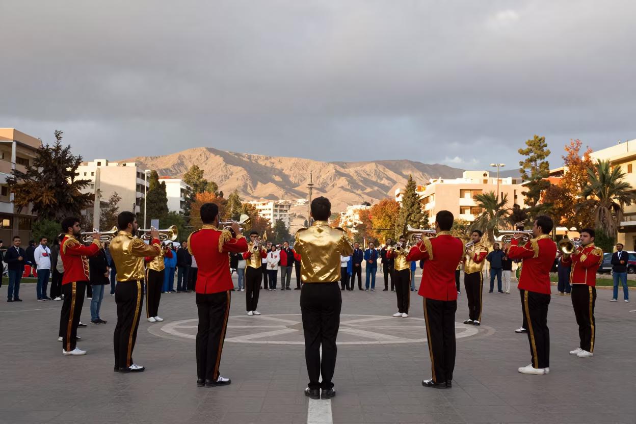 Marching Band Turning Corner in Zagazig Square in at a public square during a festival in Zagazig