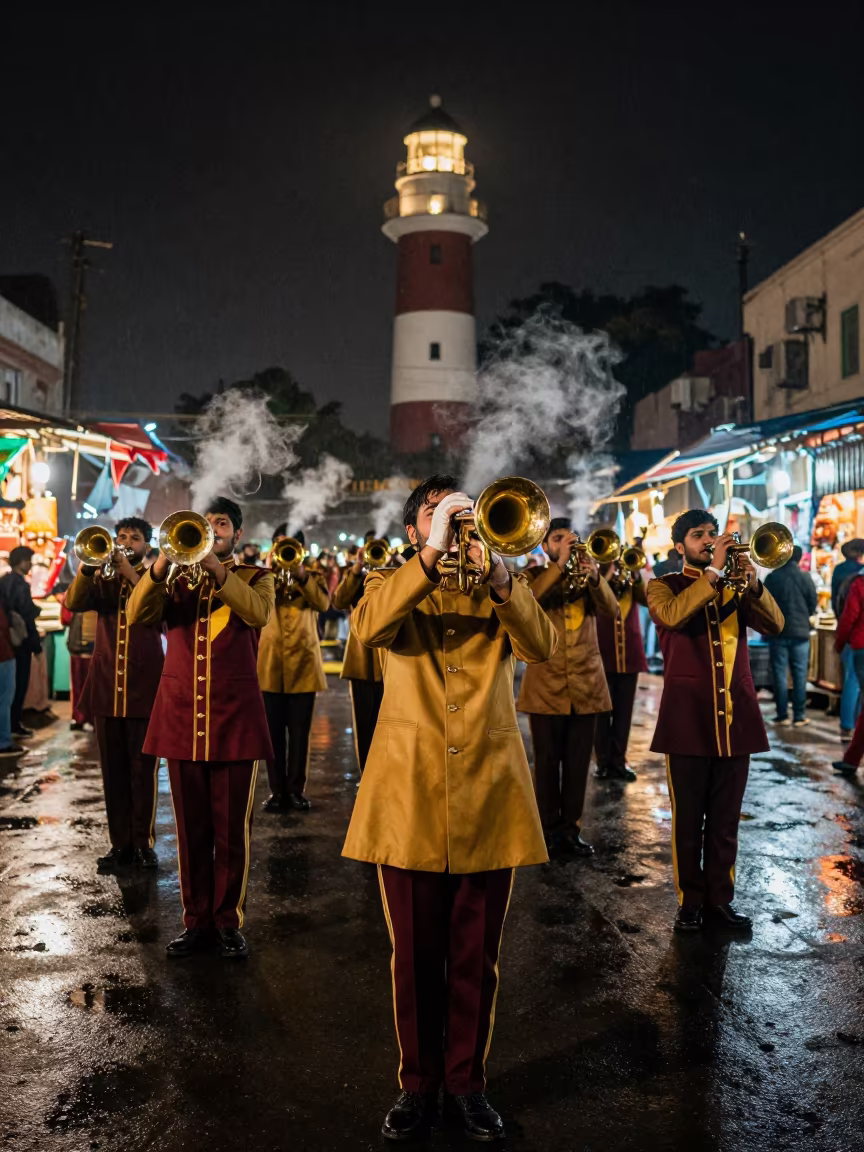 Marching Band Turns Corner Night Market Chandni Chowk in at a night market in Chandni Chowk, Delhi