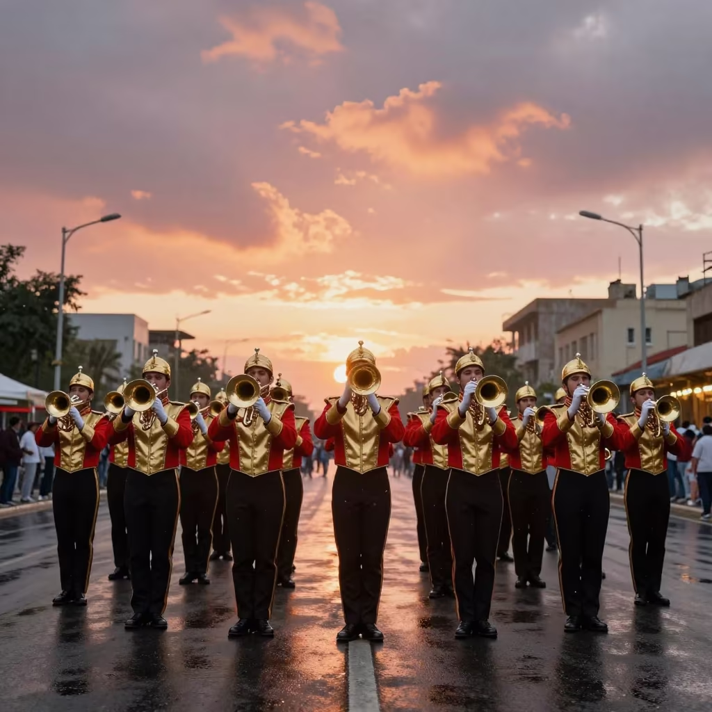 Mardi Gras Band Turns Corner in Erbil Sunset in at a festival street procession in Erbil