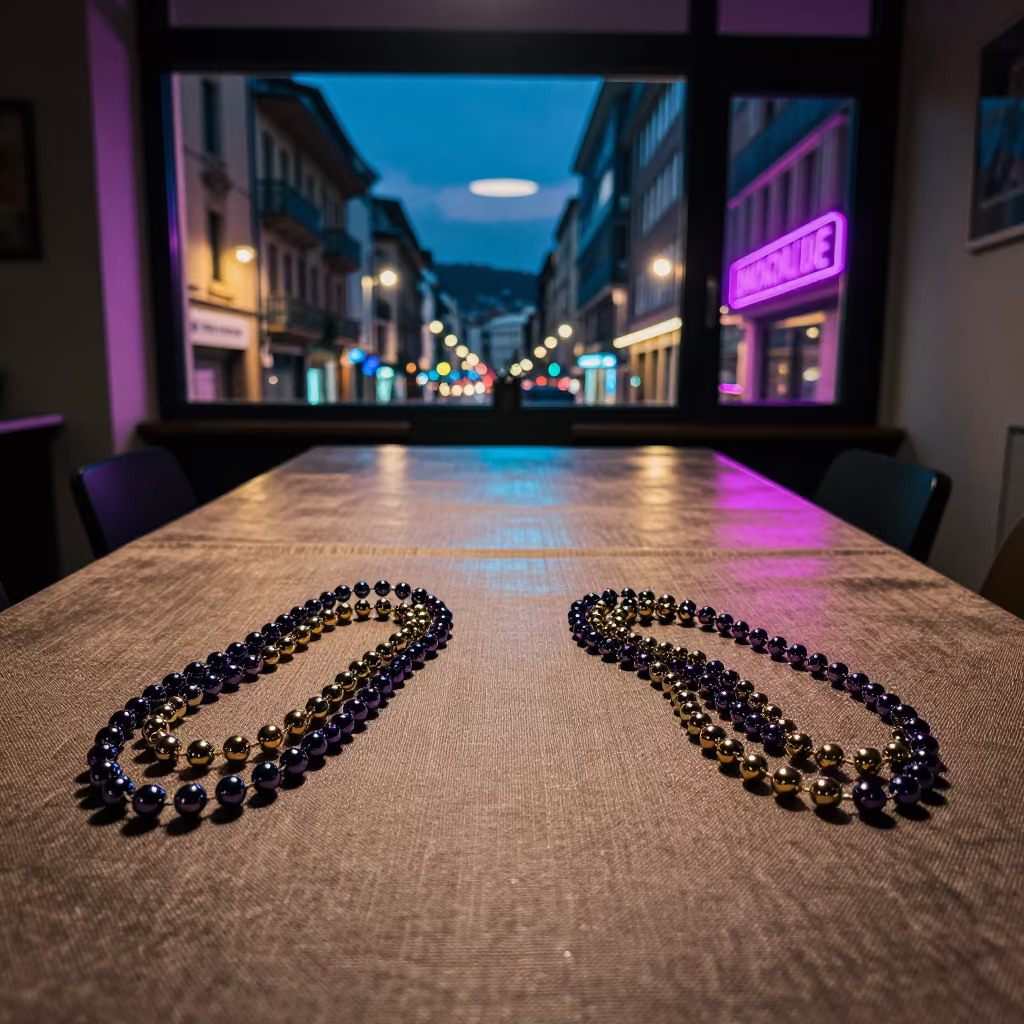 Mardi Gras Beads on Textile Table in Barakaldo in on a textile-covered table in Barakaldo