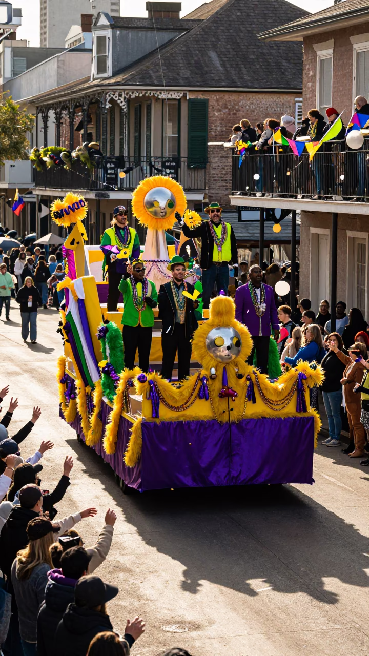 Mardi Gras Krewe Float Passing Through New Orleans Street at Sunset in in New Orleans, Louisiana, United States