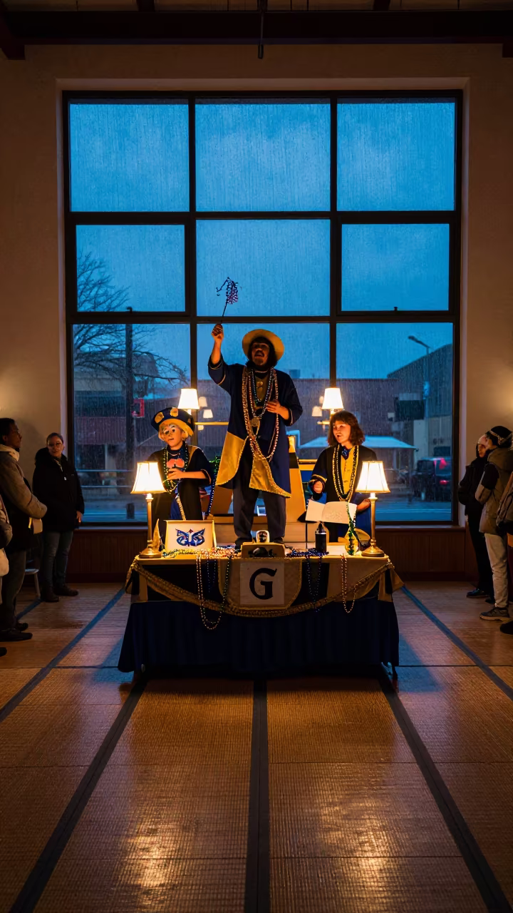 Mardi Gras Krewe on Tatami Mat Indoors in on a tatami mat near Bailundo