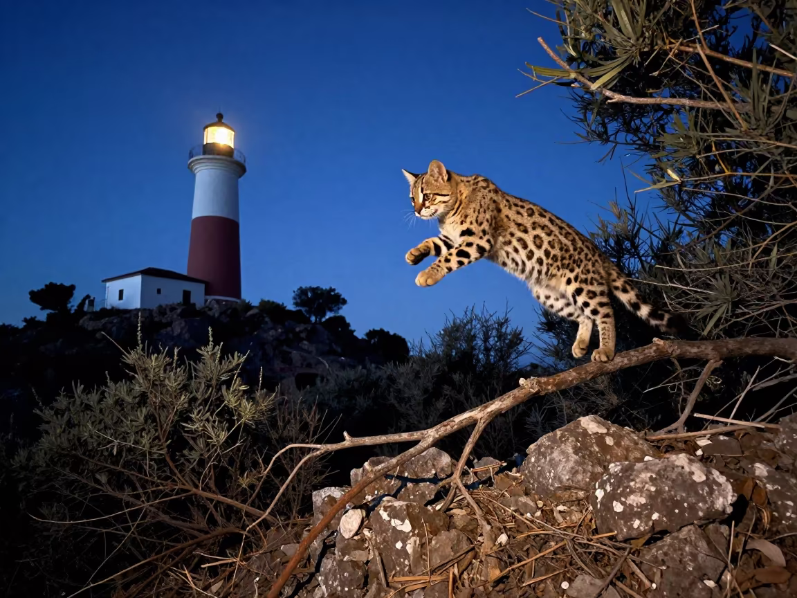 Margay Cat Leaping Night Ridge Queretaro in on a wind-scoured ridge near Santiago de Querétaro