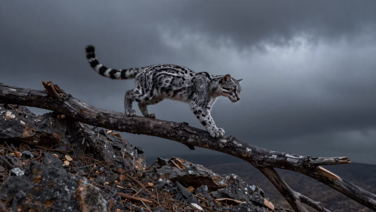 Margay Cat Leaping Ridge Yemen Night in on a wind-scoured ridge in Yemen