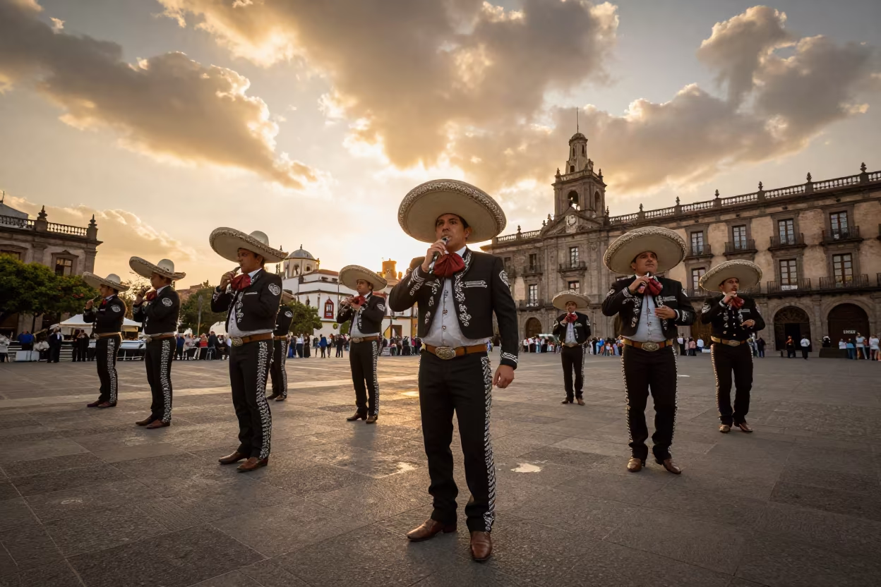 Mariachi Band Performing in Mexico City Plaza Sunset in in a public square in Mexico City