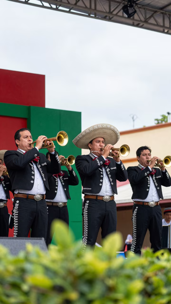 Mariachi Band Performing on Puebla Festival Stage in on an outdoor festival stage in Puebla