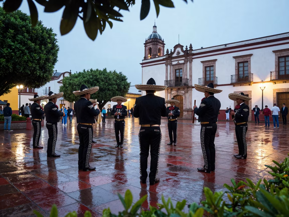 Mariachi Band Serenades in Guadalajara Plaza in at the edge of a ceremonial ground in Guadalajara