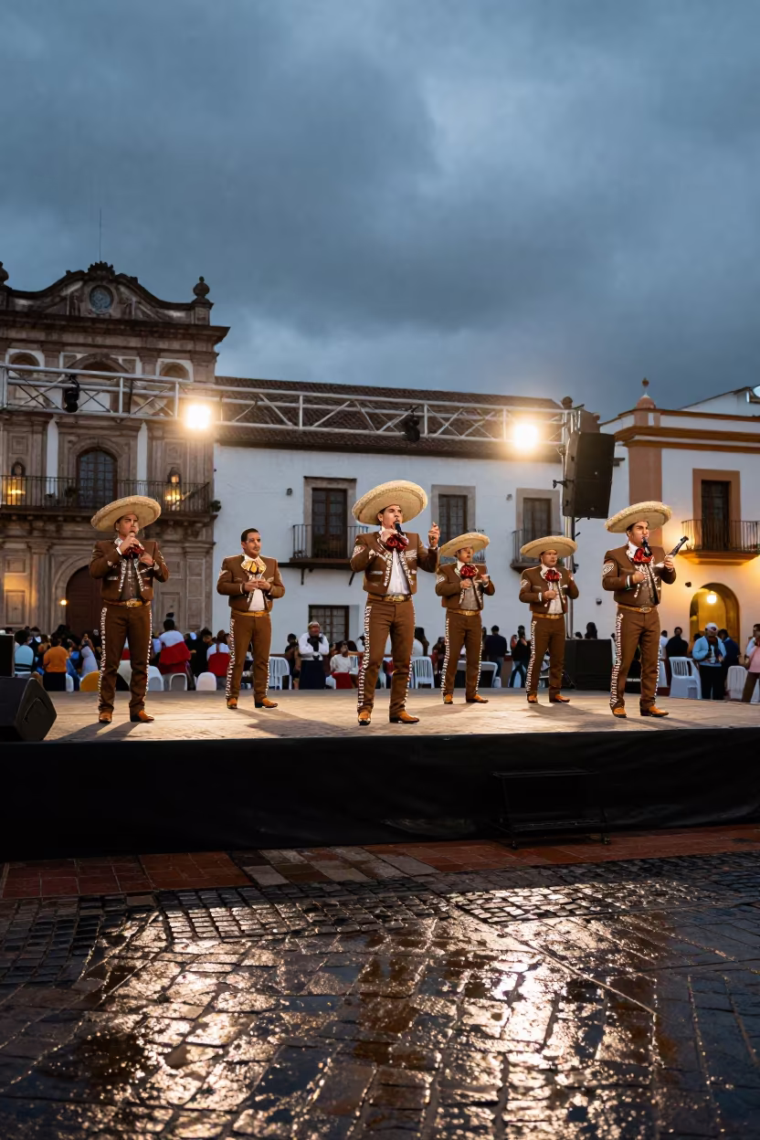 Mariachi Band Serenades in Puebla Plaza Dusk in on an outdoor festival stage in Puebla