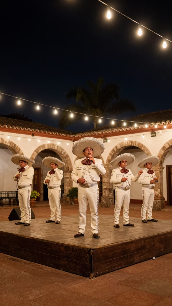 Mariachi Band Serenades Under String Lights in on an outdoor festival stage in Mexico City
