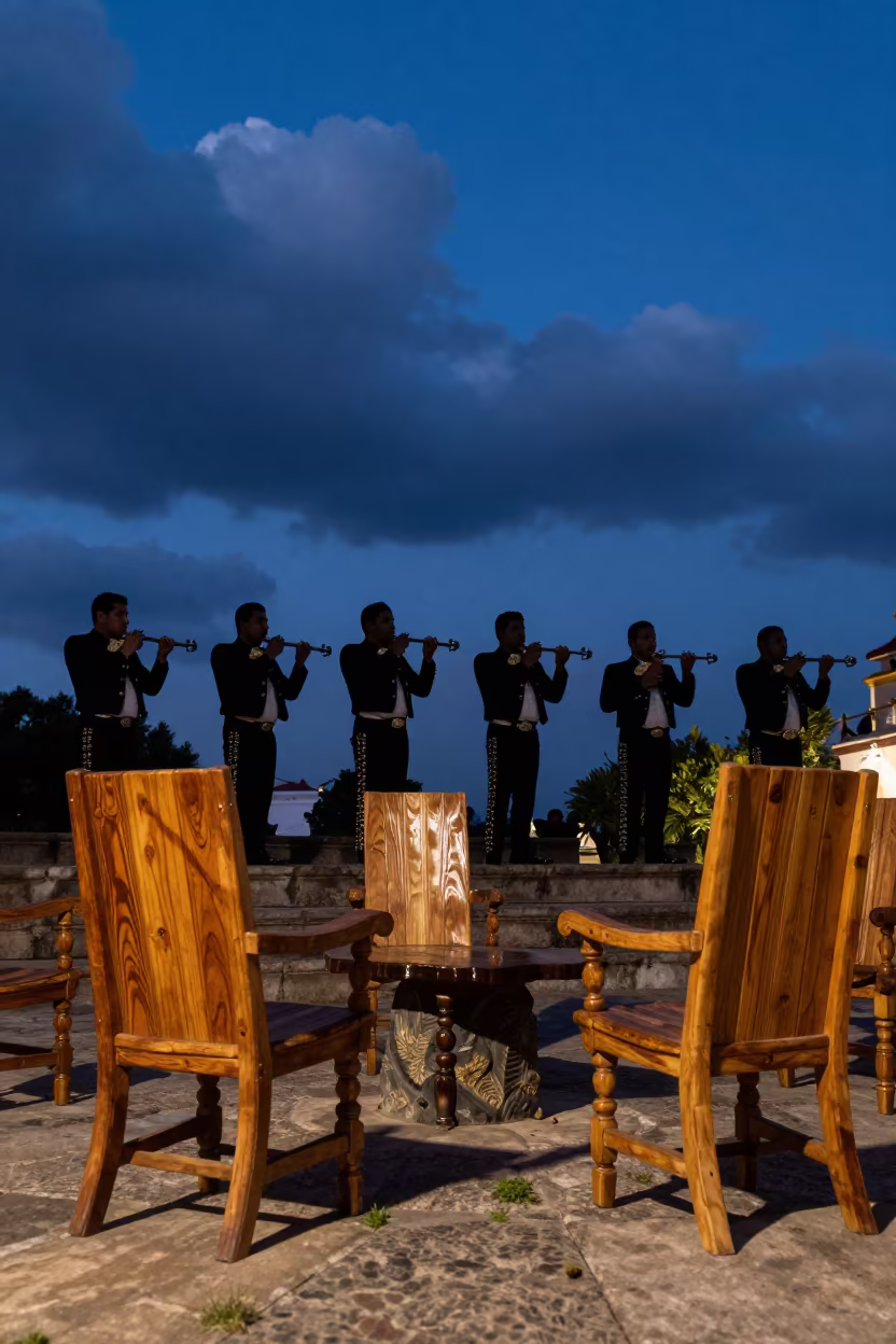 Mariachi Band Silhouetted Against Twilight in Puebla Plaza in in a public square in Puebla