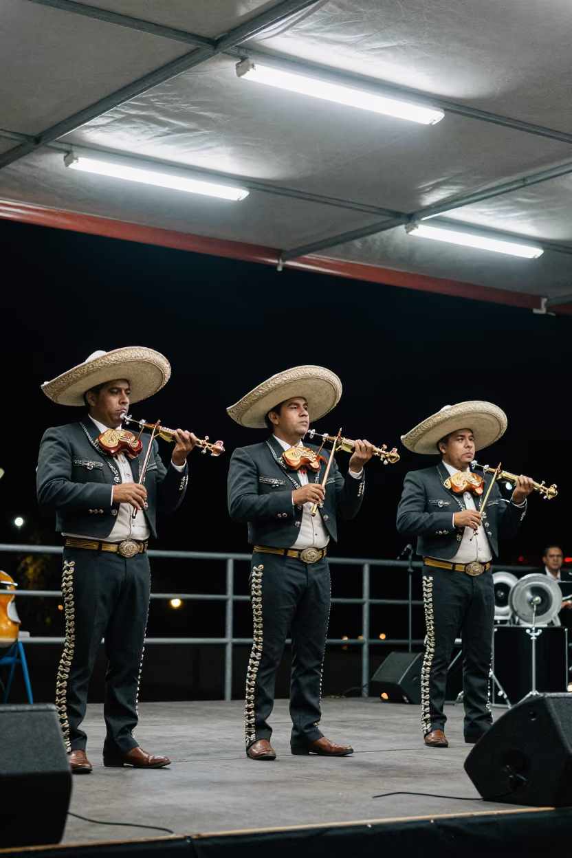 Mariachi Trio on Puebla Festival Stage Under Fluorescent Light in on an outdoor festival stage in Puebla