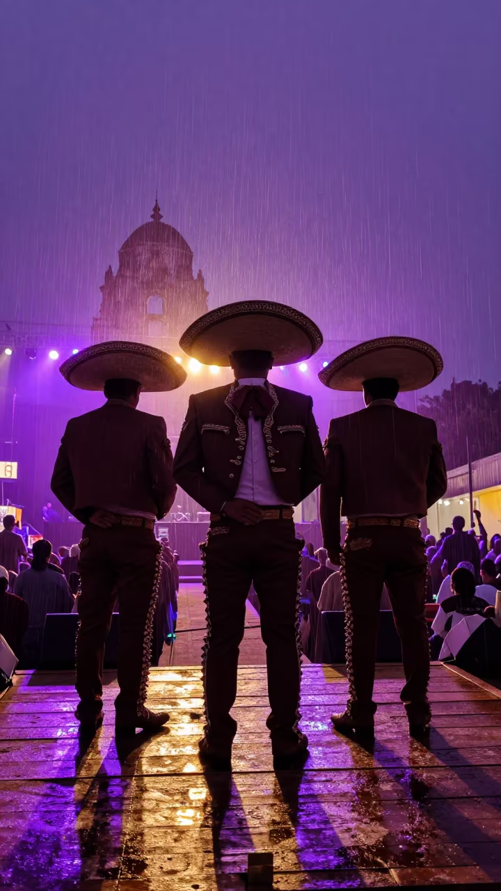 Mariachi Trio Silhouetted in Dawn Festival Light in at the edge of a ceremonial ground in Puebla