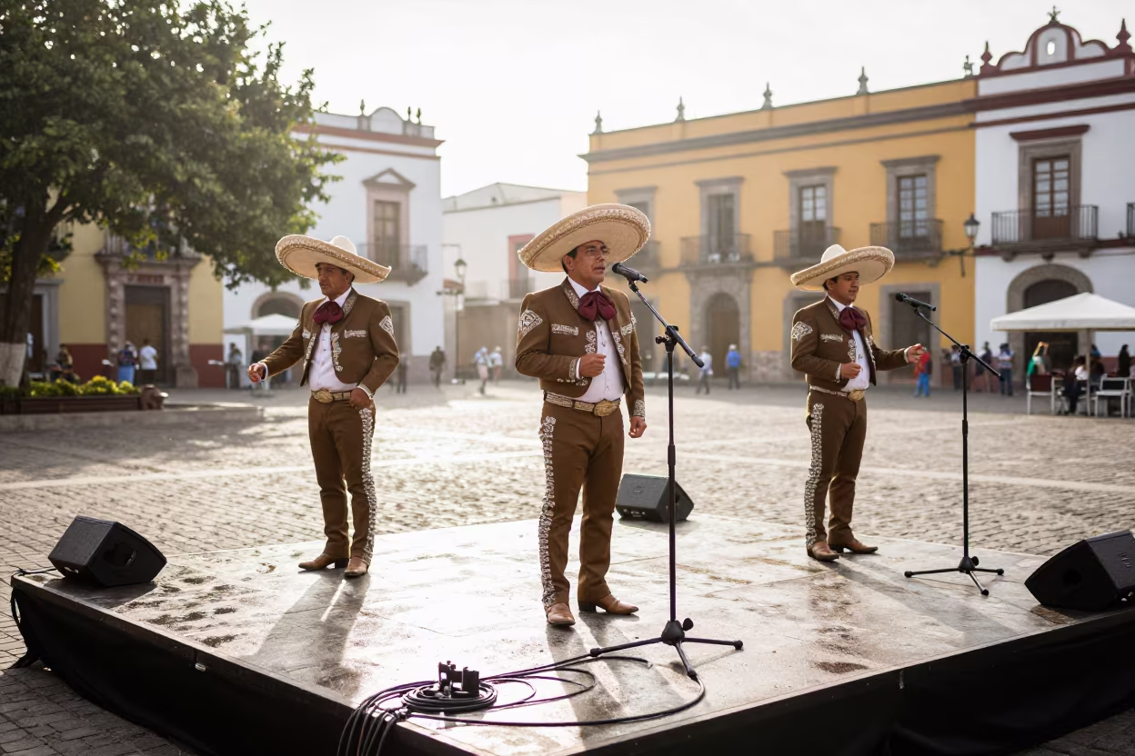 Mariachi Trio Soundcheck in Puebla Square in in a public square in Puebla