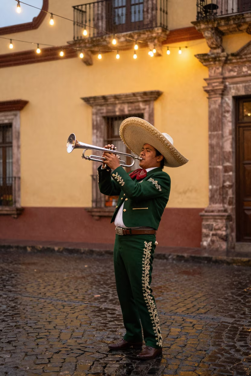 Mariachi Trumpet Player Under Balcony in Puebla in in a public square in Puebla