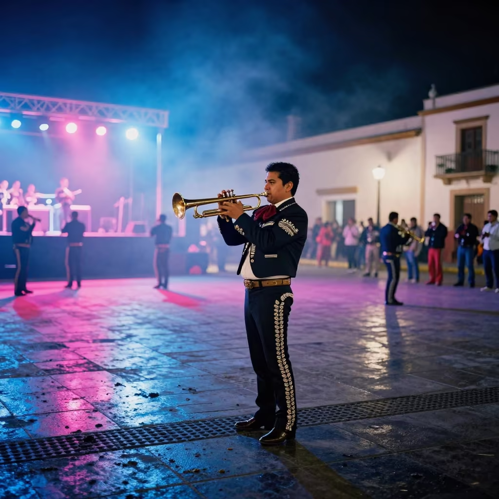 Mariachi Trumpet Player in Neon Plaza in at the edge of a ceremonial ground in Guadalajara