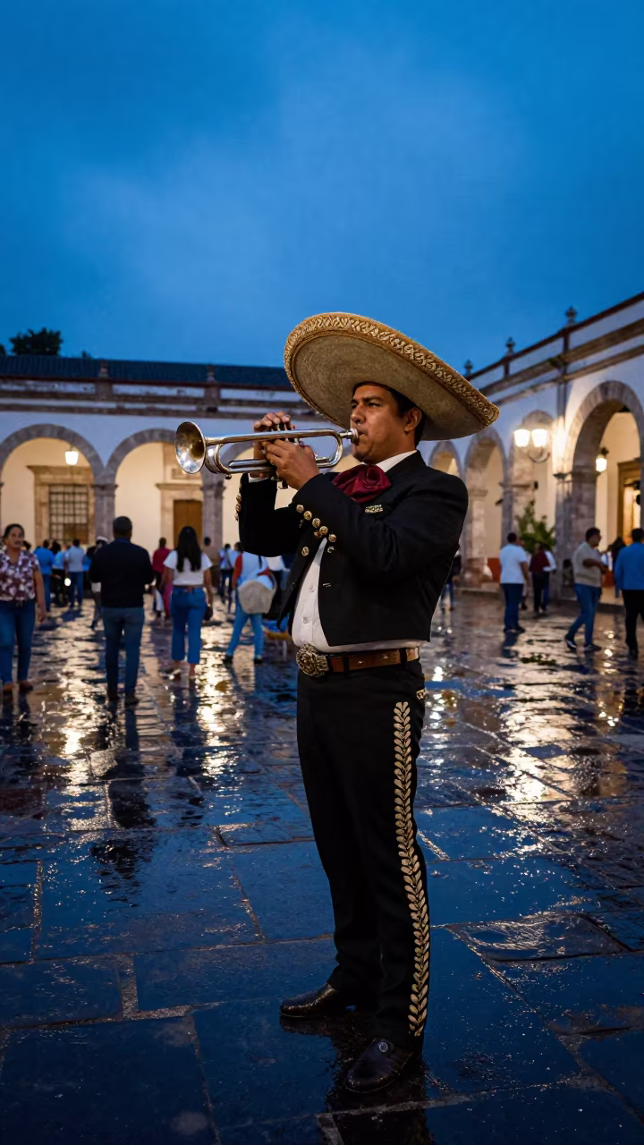 Mariachi Trumpet Player in Oaxaca Plaza Evening in in a public square in Oaxaca