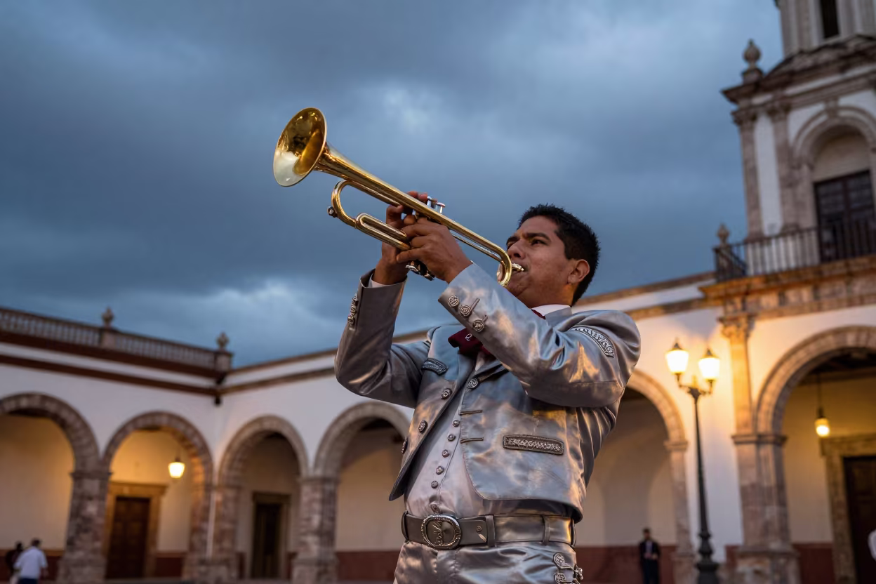 Mariachi Trumpet Player in Oaxaca Plaza in in a public square in Oaxaca