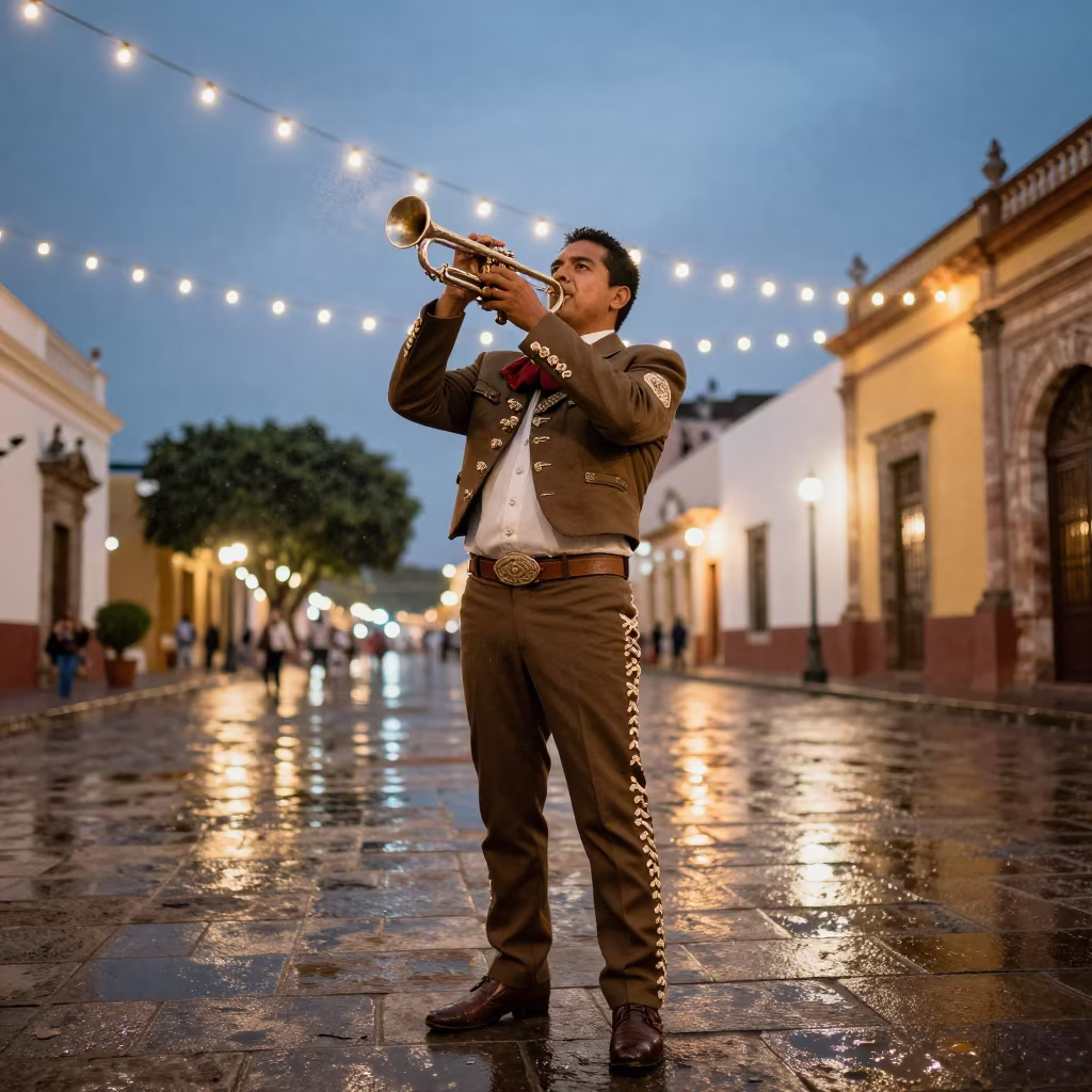 Mariachi Trumpet Player in Puebla Plaza at Dusk in in a public square in Puebla