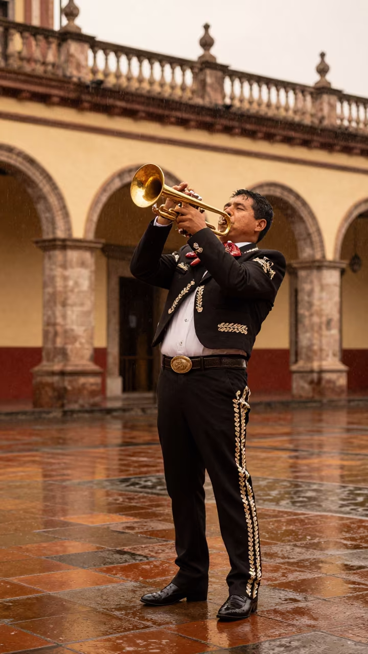 Mariachi Trumpet Player in Rainy Colonial Puebla Plaza in in a public square in Puebla