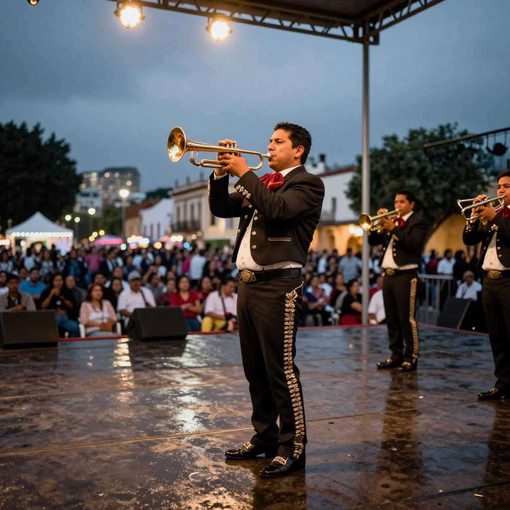 Mariachi Trumpet Player Serenading on Puebla Stage in on an outdoor festival stage in Puebla
