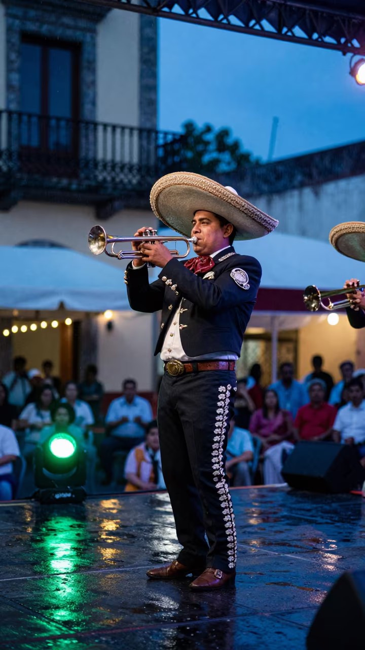 Mariachi Trumpet Player on Tepito Stage at Blue Hour in on an outdoor festival stage in Tepito, Mexico City