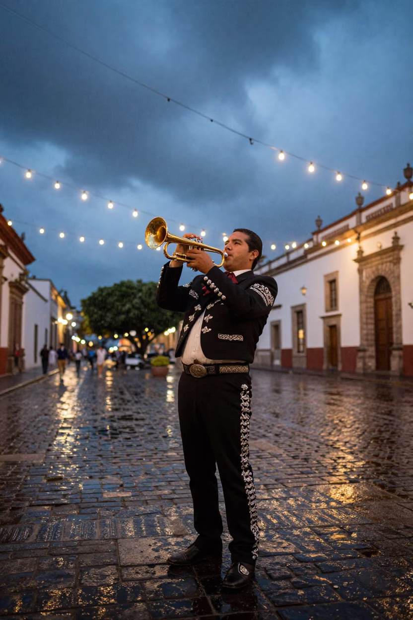 Mariachi Trumpet Player in Twilight Plaza Mexico in at the edge of a ceremonial ground in Mexico City