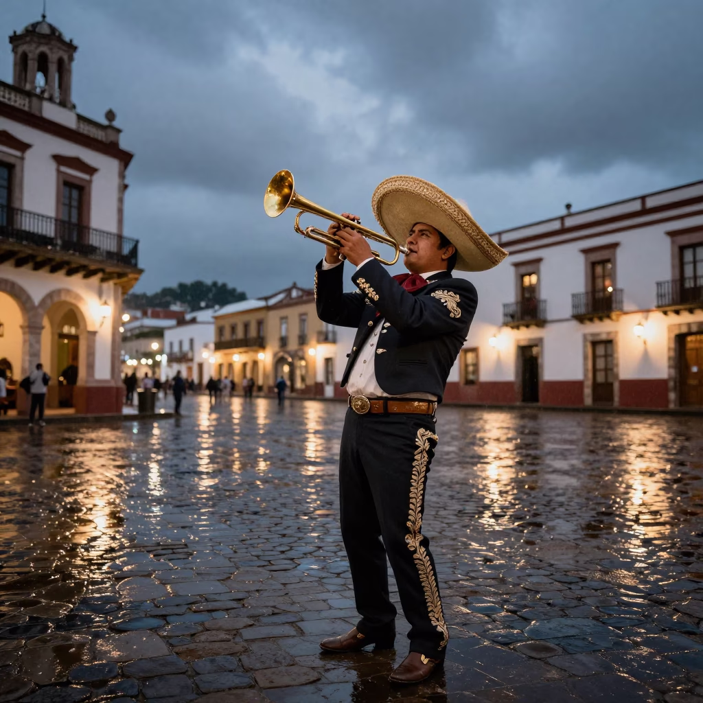 Mariachi Trumpet Serenade in Puebla Rainy Dusk in in a village gathering space in Puebla