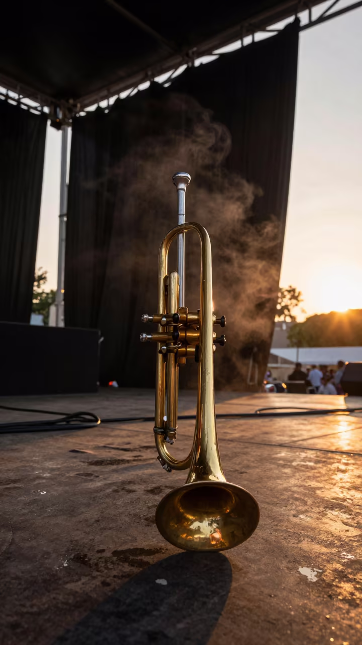 Marachi Trumpet Glowing in Sunset Plaza Light in on an outdoor festival stage in Polanco, Mexico City