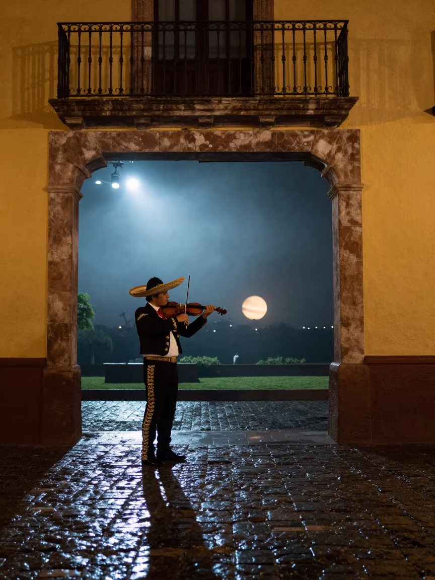 Mariachi Violinist Beneath Ringed Planet Sky in at the edge of a ceremonial ground in Puebla