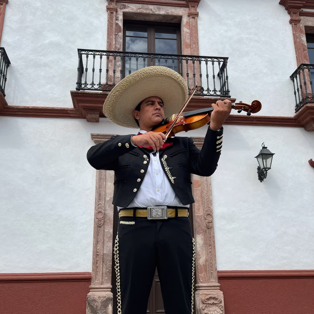Mariachi Violinist Serenata Beneath Wrought Iron Balcony in in a village gathering space in Guadalajara