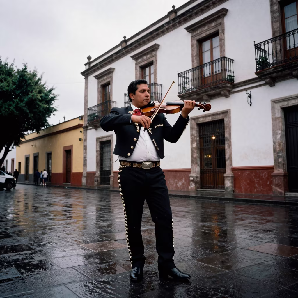 Mariachi Violinist Serenata Coyoacan Balcony in in a village gathering space in Coyoacan, Mexico City