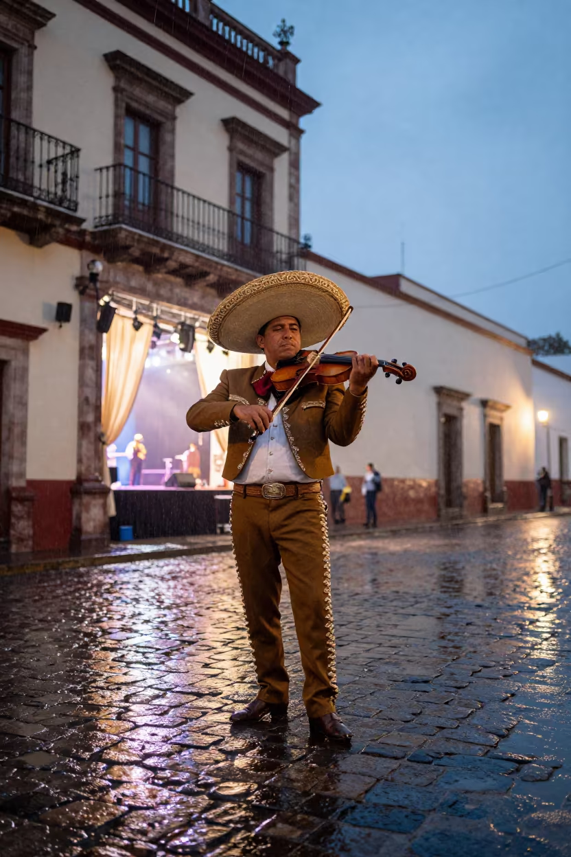 Mariachi Violinist Serenata in Puebla Plaza in in a village gathering space in Puebla
