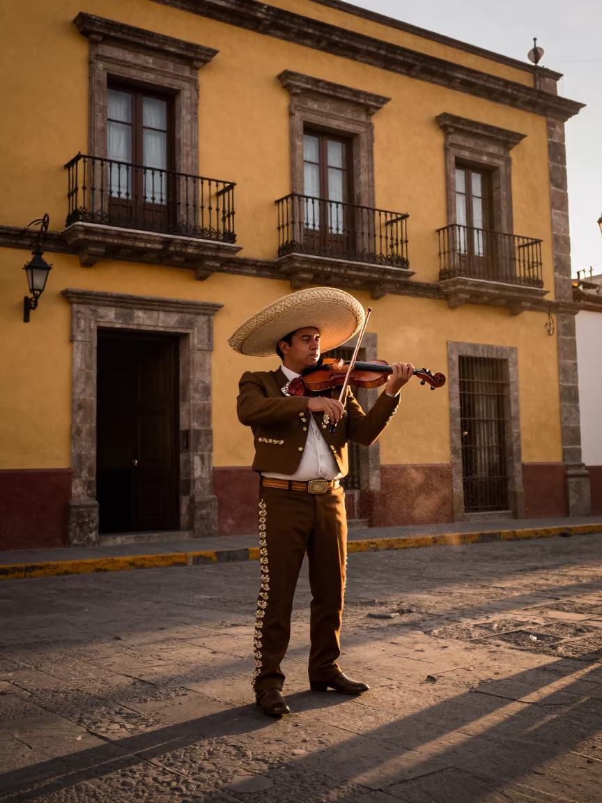 Mariachi Violinist Plays Serenata Under Balcony in at the edge of a ceremonial ground in Mexico City