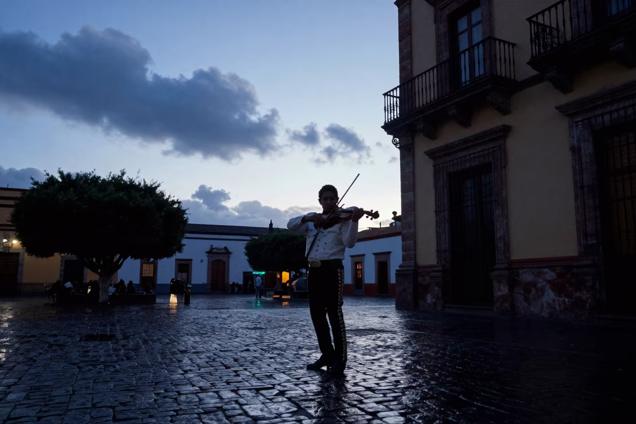 Mariachi Violinist Silhouette Blue Hour Puebla in in a public square in Puebla