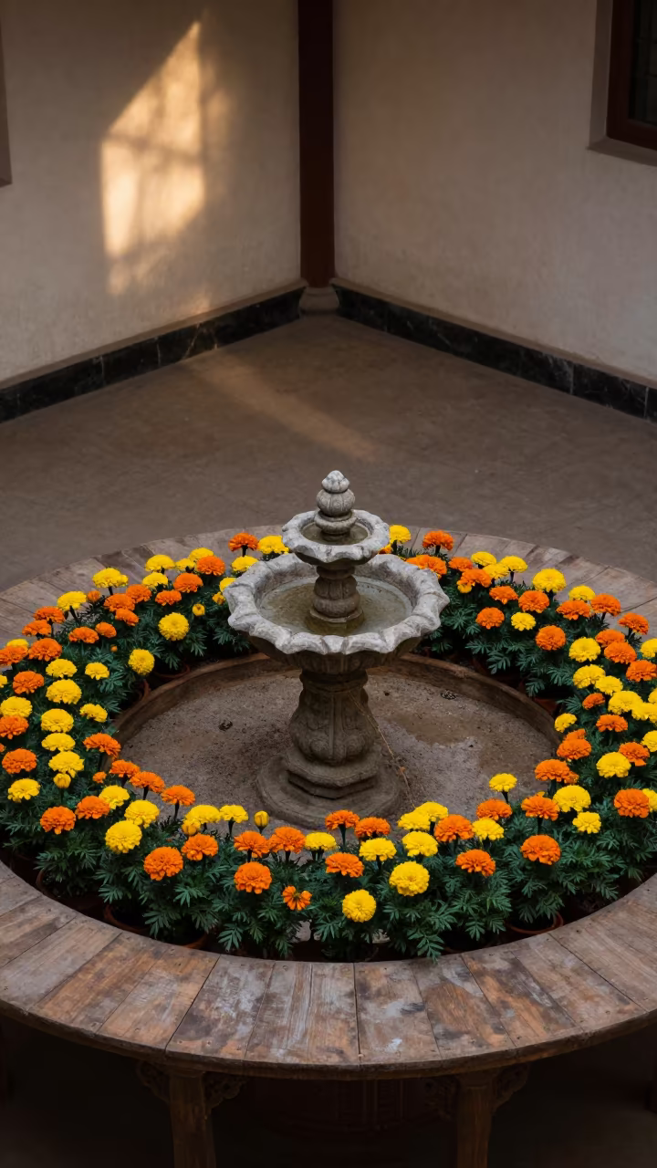 Marigold Circle on Dusty Quetta Library Table in on a dusty library table in Quetta