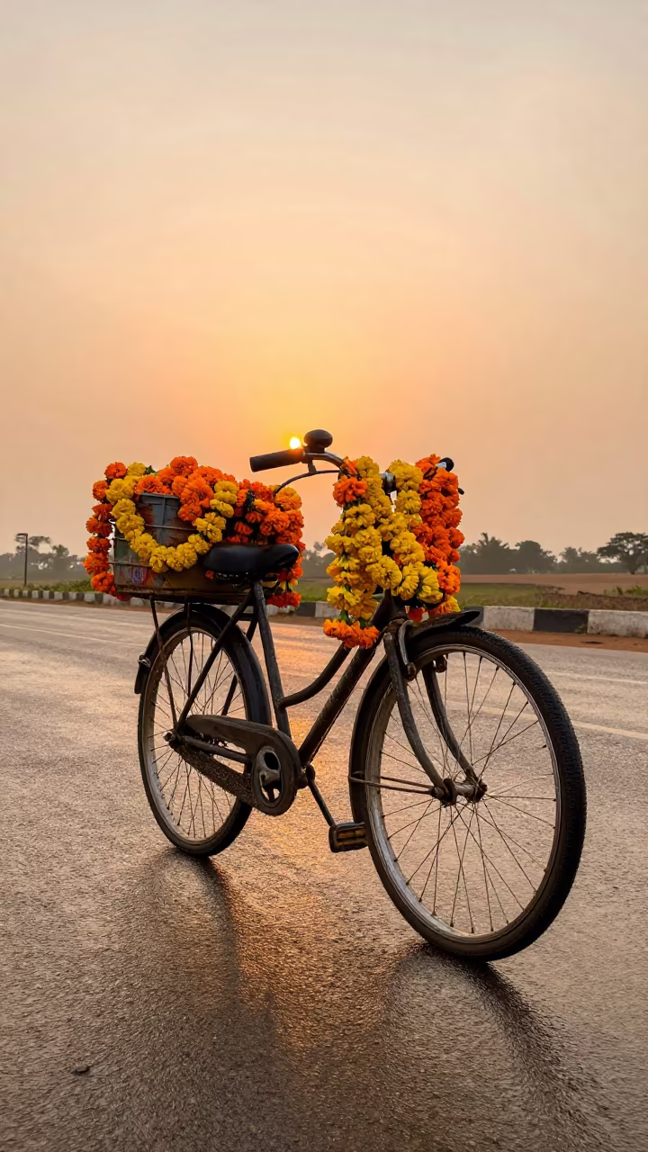 Marigold Garland Bicycle on Gambian Causeway in on a wind-open causeway in Gambia