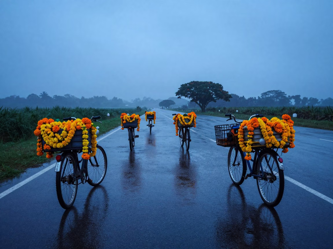 Marigold Garland Bicycle on Rainy Causeway in on a wind-open causeway in Pará