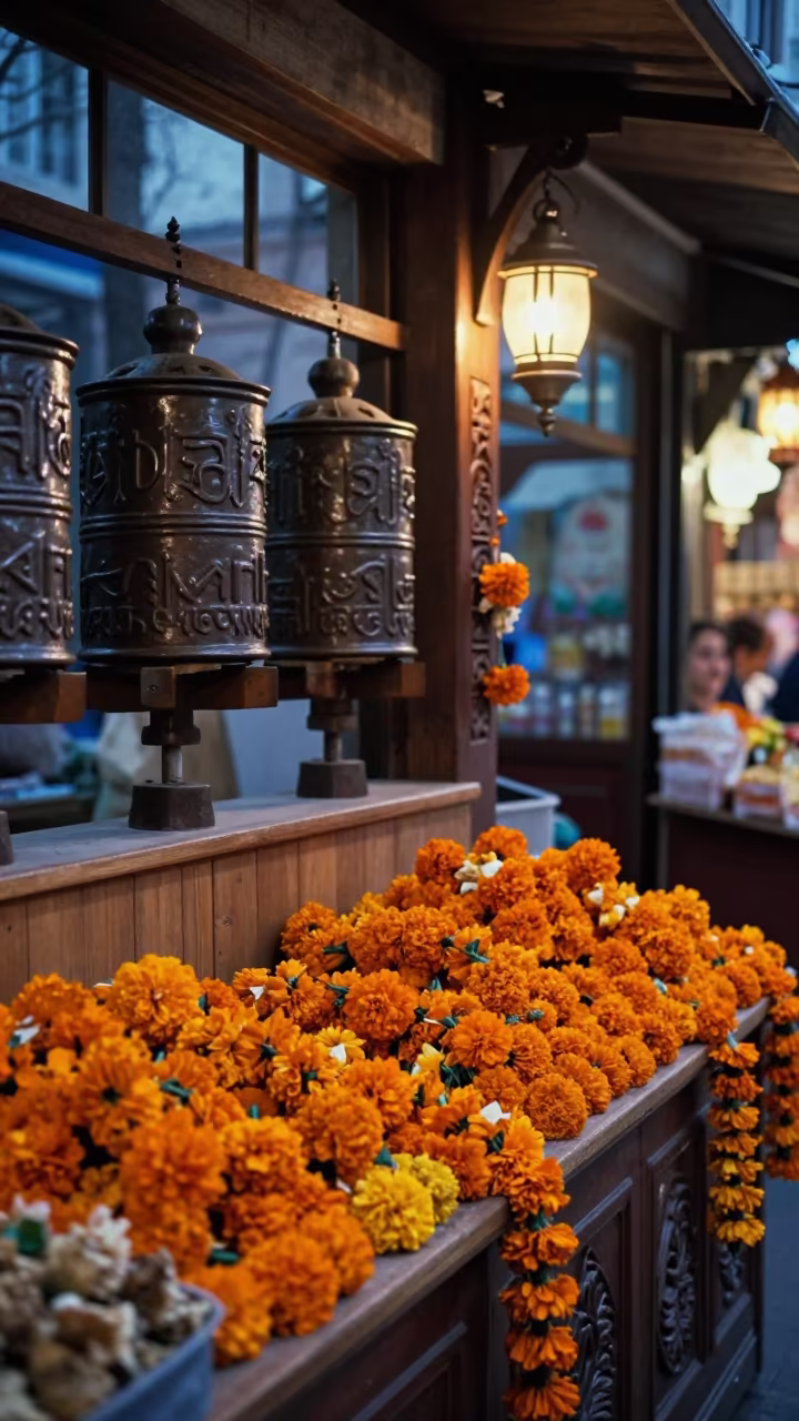 Marigold Garlands in Balat Temple Market Twilight in beside a prayer wheel corridor in Balat, Istanbul
