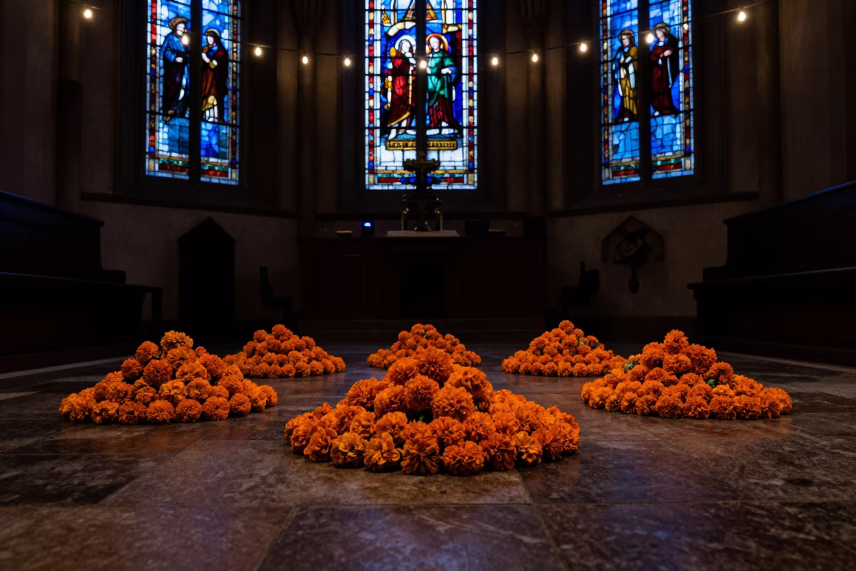 Marigold Garlands in Coventry Chapel Stained Glass in in a chapel lit by stained glass in Coventry